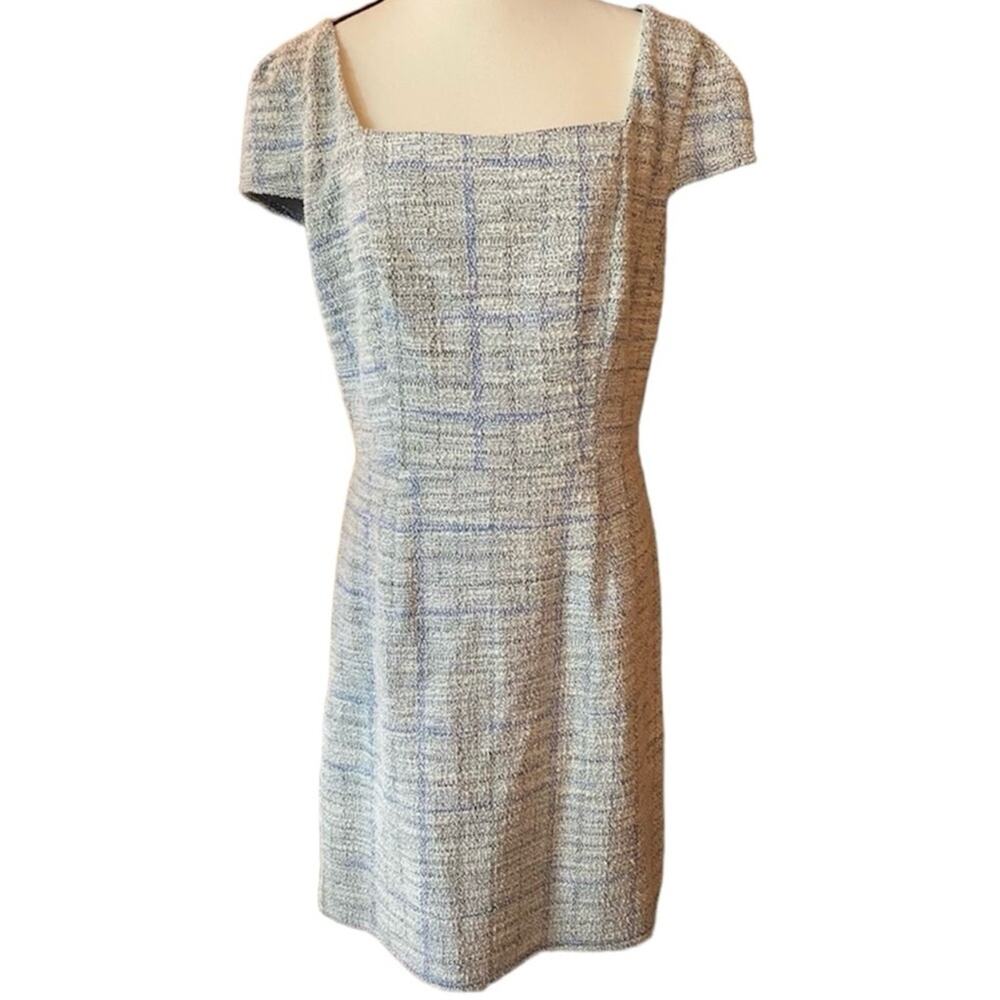 NWOT Fortune and Ivy Sz M Cap Sleeve Back Zip Blue Metallic Tweed Dress